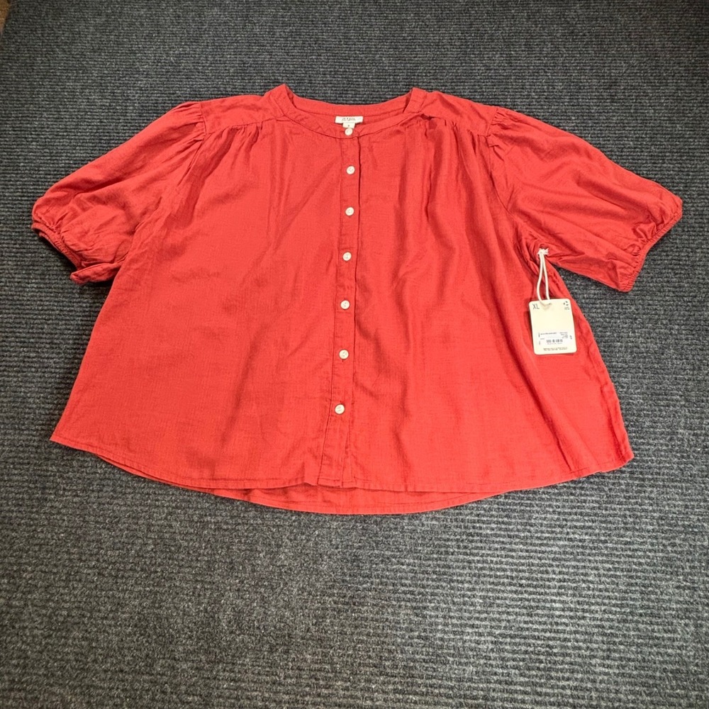 a.n.a A New Approach Burnt Orange Cotton Button Front Puff Sleeve Blouse XL NEW